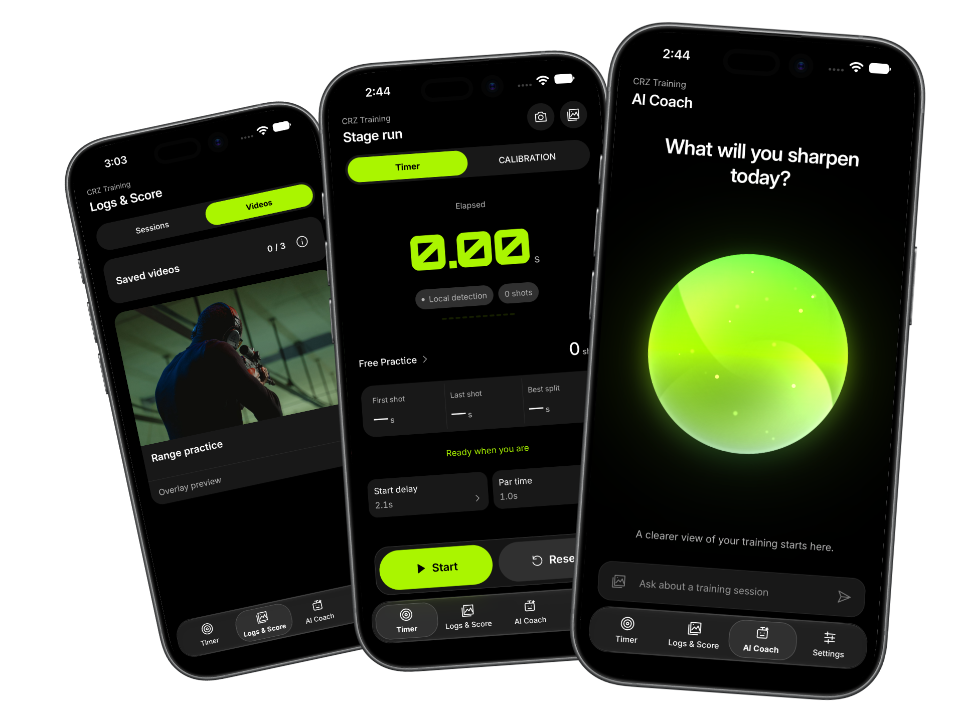 Three CRZ Training screens show logs and video, shot timer and an AI Coach preview.