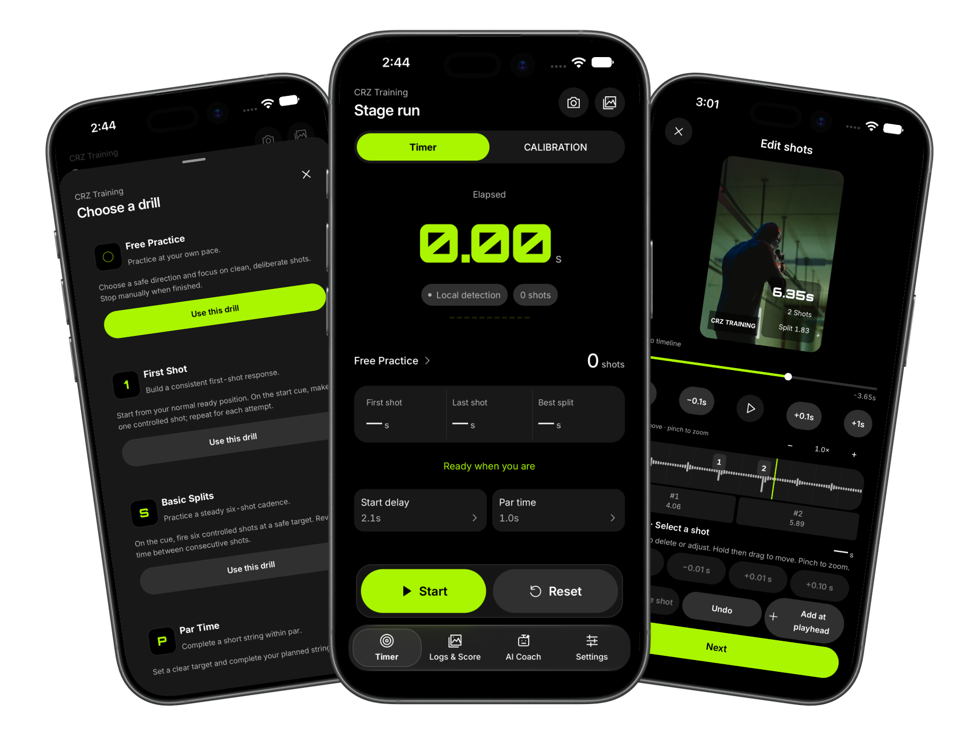 Three CRZ Training app screens show shot timing, practice drills and shot review.