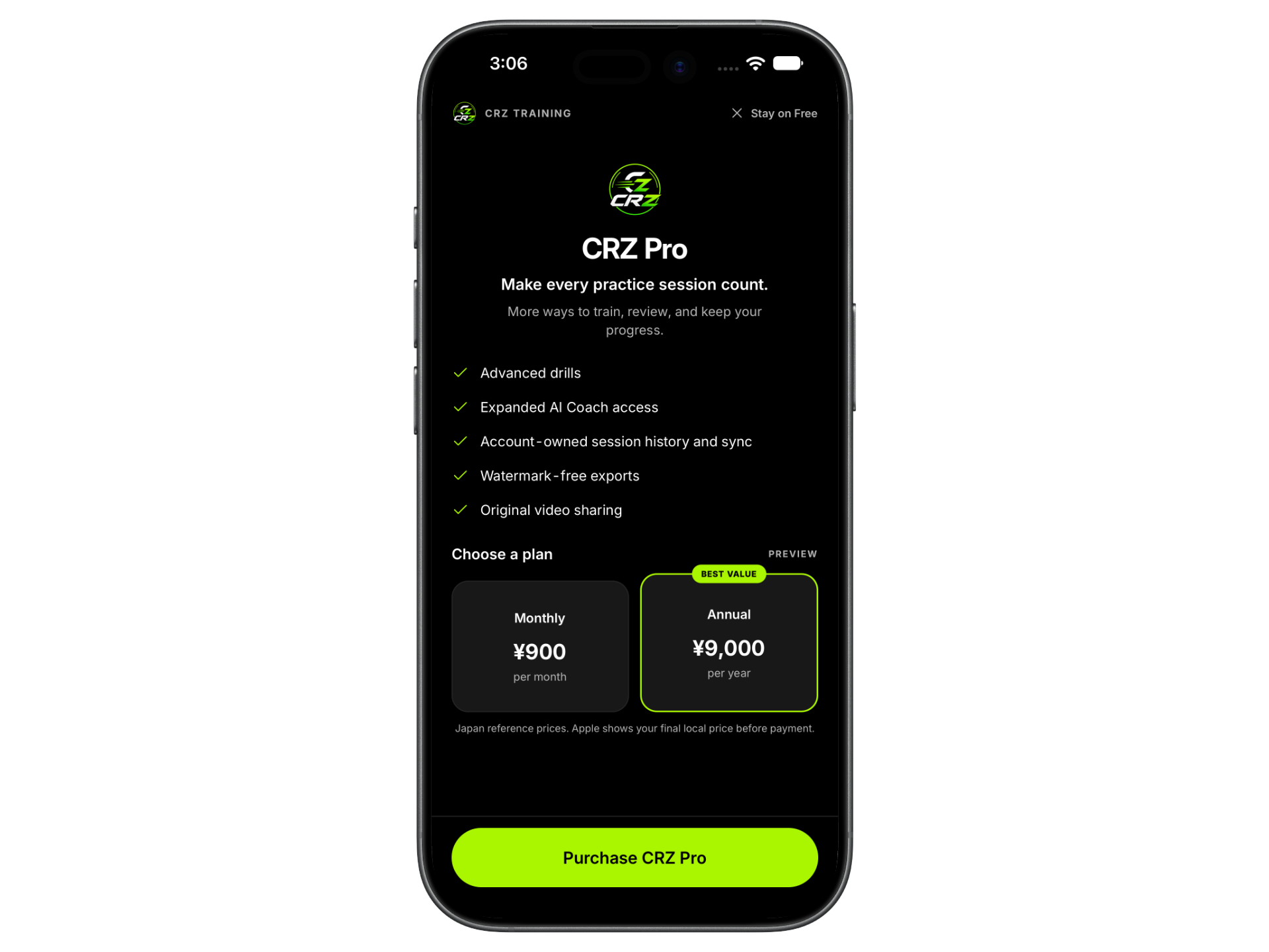 CRZ Pro subscription preview with monthly and annual Japan reference prices.