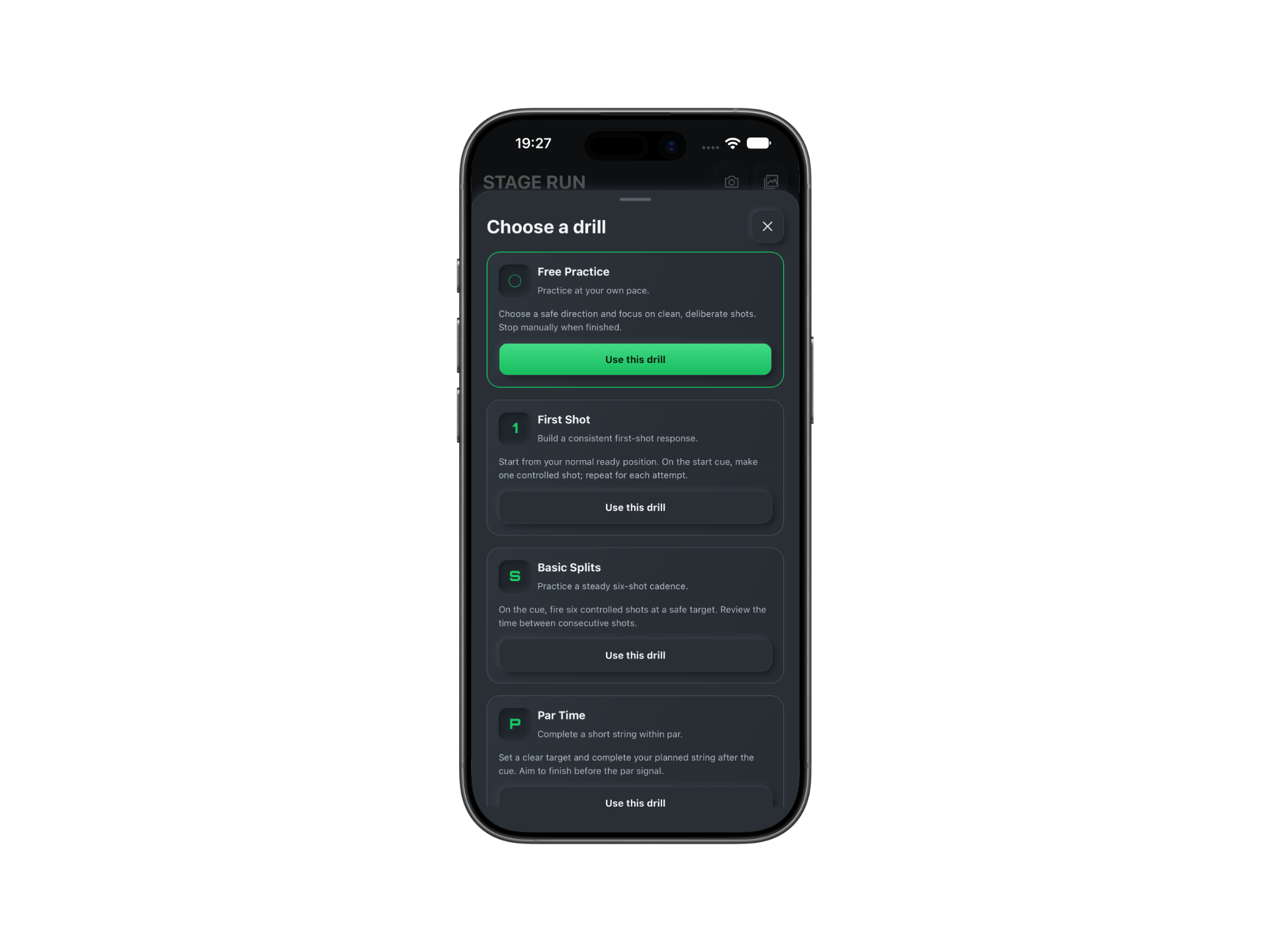 The app's real drill selection with Free Practice, First Shot, Basic Splits and Par Time.