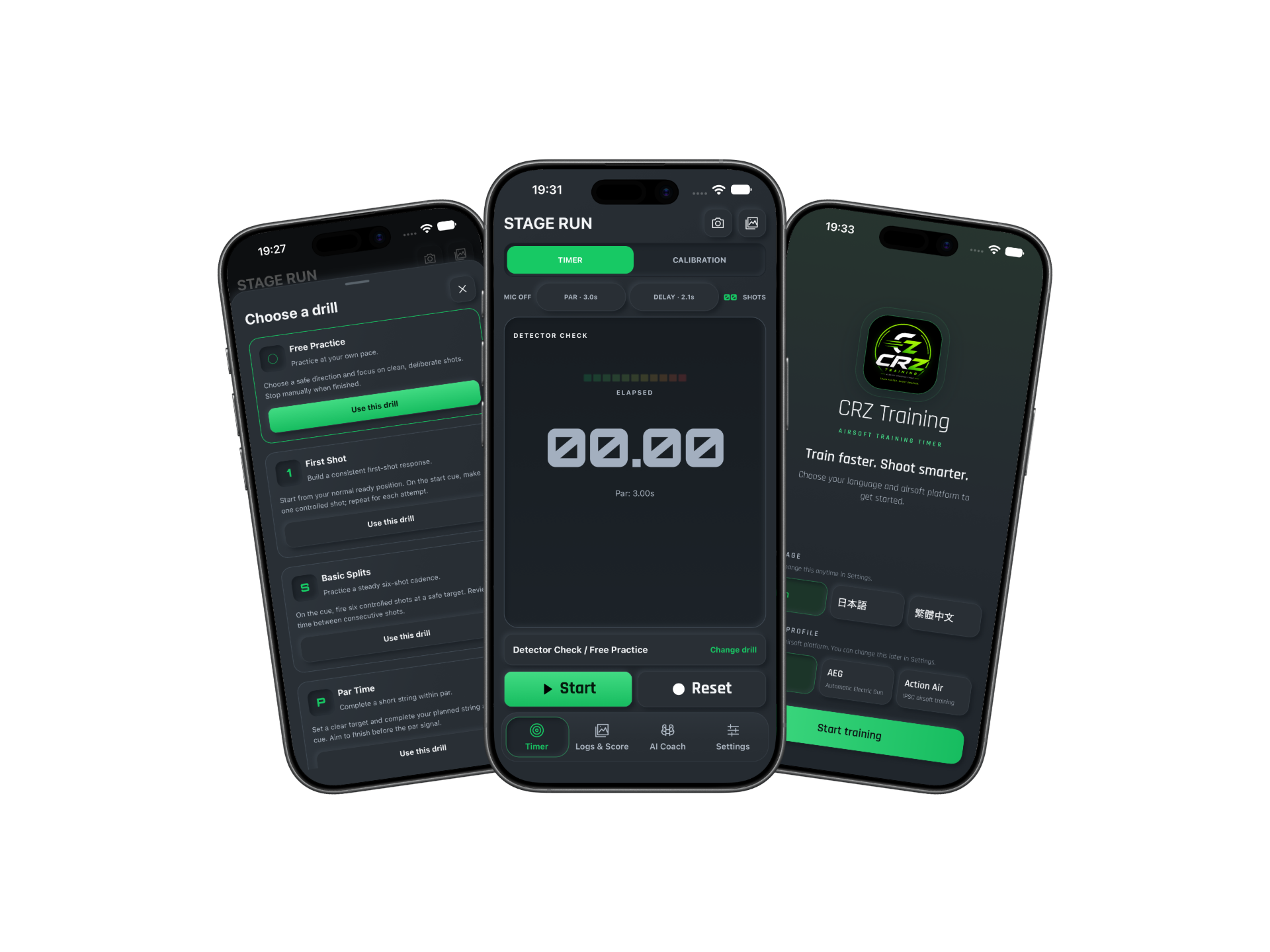 CRZ Training drill selection, shot timer and welcome screens.